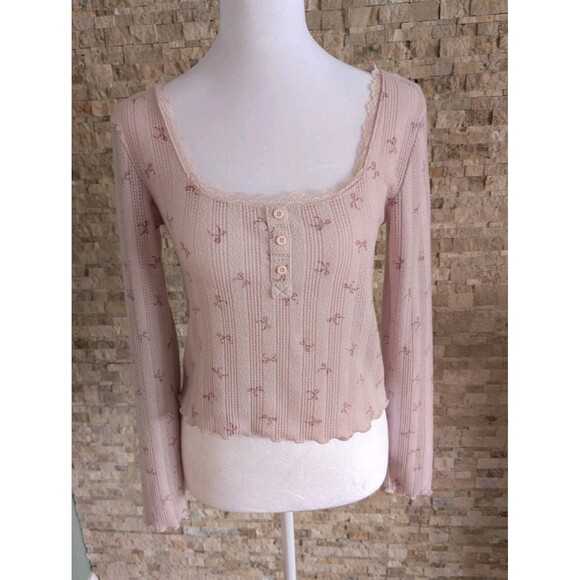 Pink Rose Tops - Coquette Pink Bow Print Cropped Lettuce Hem Ruffle Lace Ballet Soft Girl Shirt